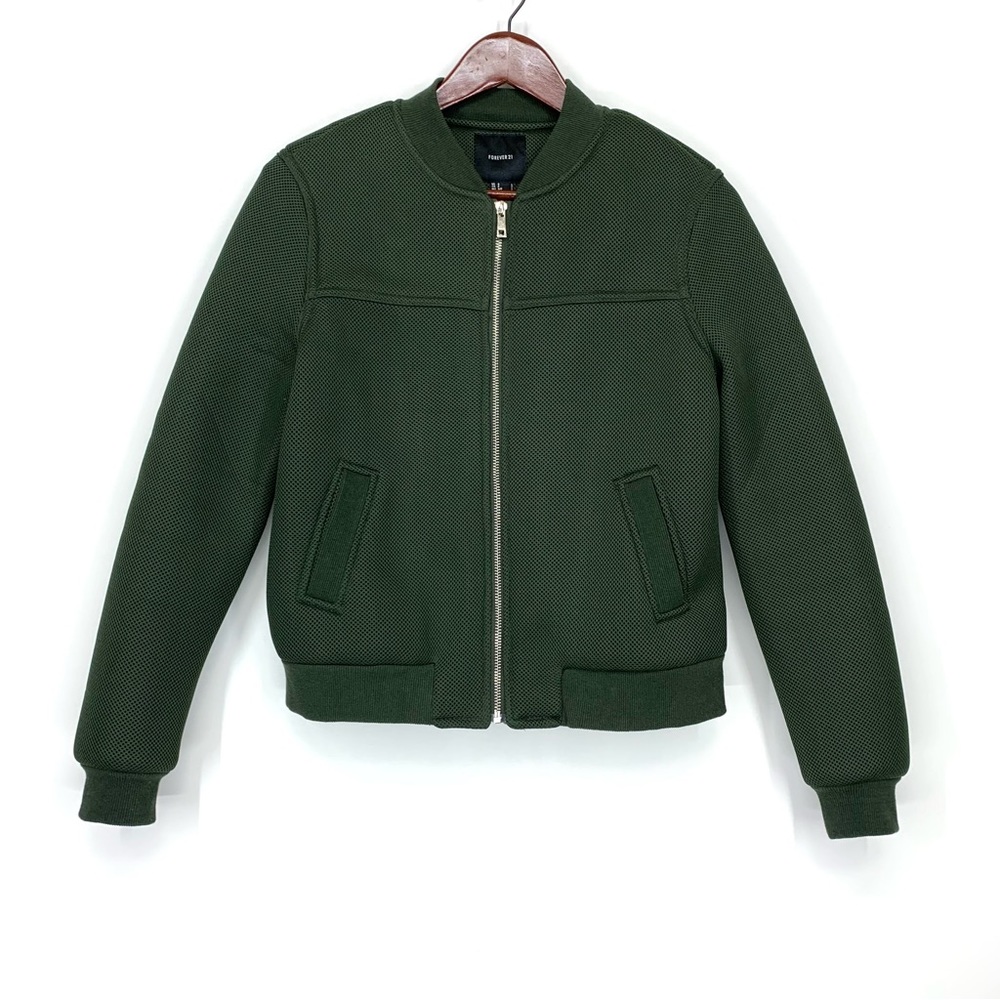 Forever 21 Army Green Netted Full Zip Fall Jacket Lined Faux Pockets Size Small